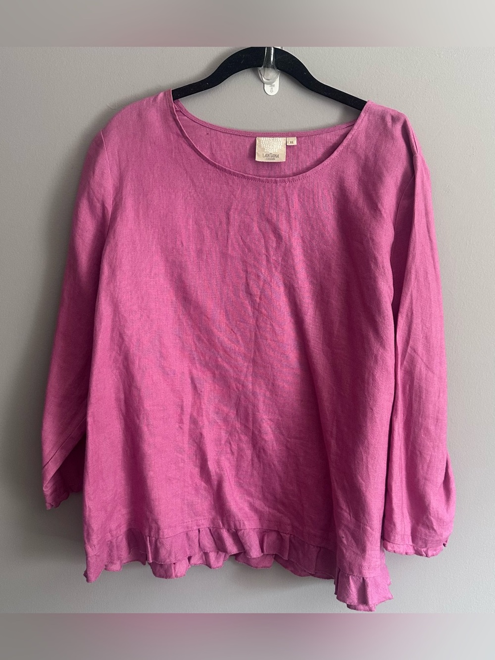 Lantana Couture Women’s Pink 100% Linen Ruffle Hem Top XL